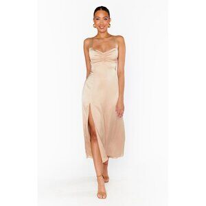 NWOT Show Me Your Mumu XXL Champagne Luxe Satin Ruched Midi Dress Tie Back